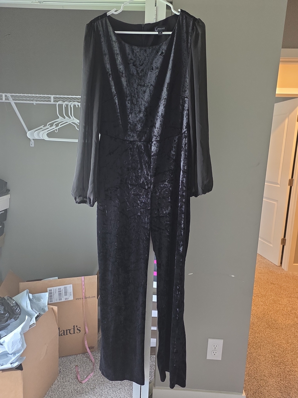 connected apparel Black Velvet Jumpsuit with Sheer Long Sleeves